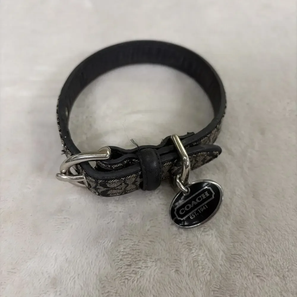 COACH Black Leather + CC Cloth Logo Dog Collar 4003 Sz Small Vintage Bnfts Chrty